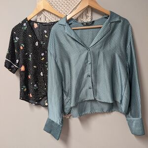 Bundle Of 2 Abercrombie And Zara Blouses Striped Blue Floral Black Satin V Neck